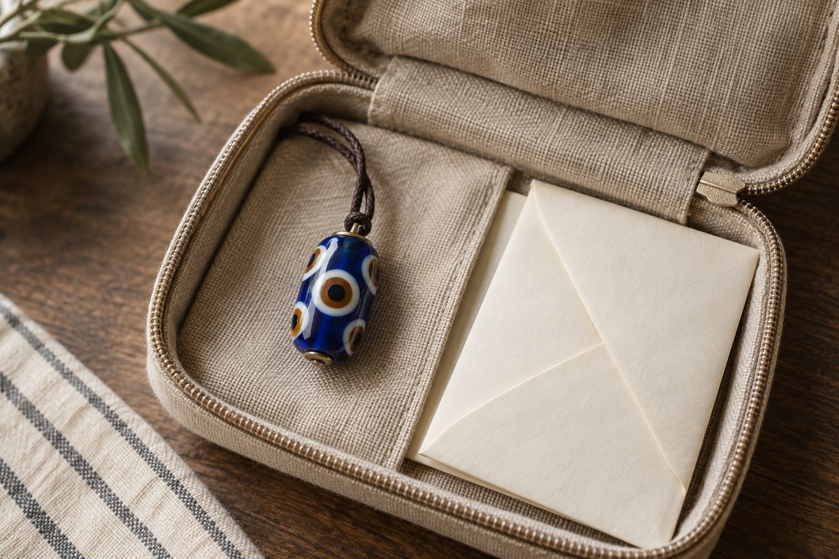 Blue barrel eye bead pendant on brown cord inside an open beige travel case beside an envelope.
