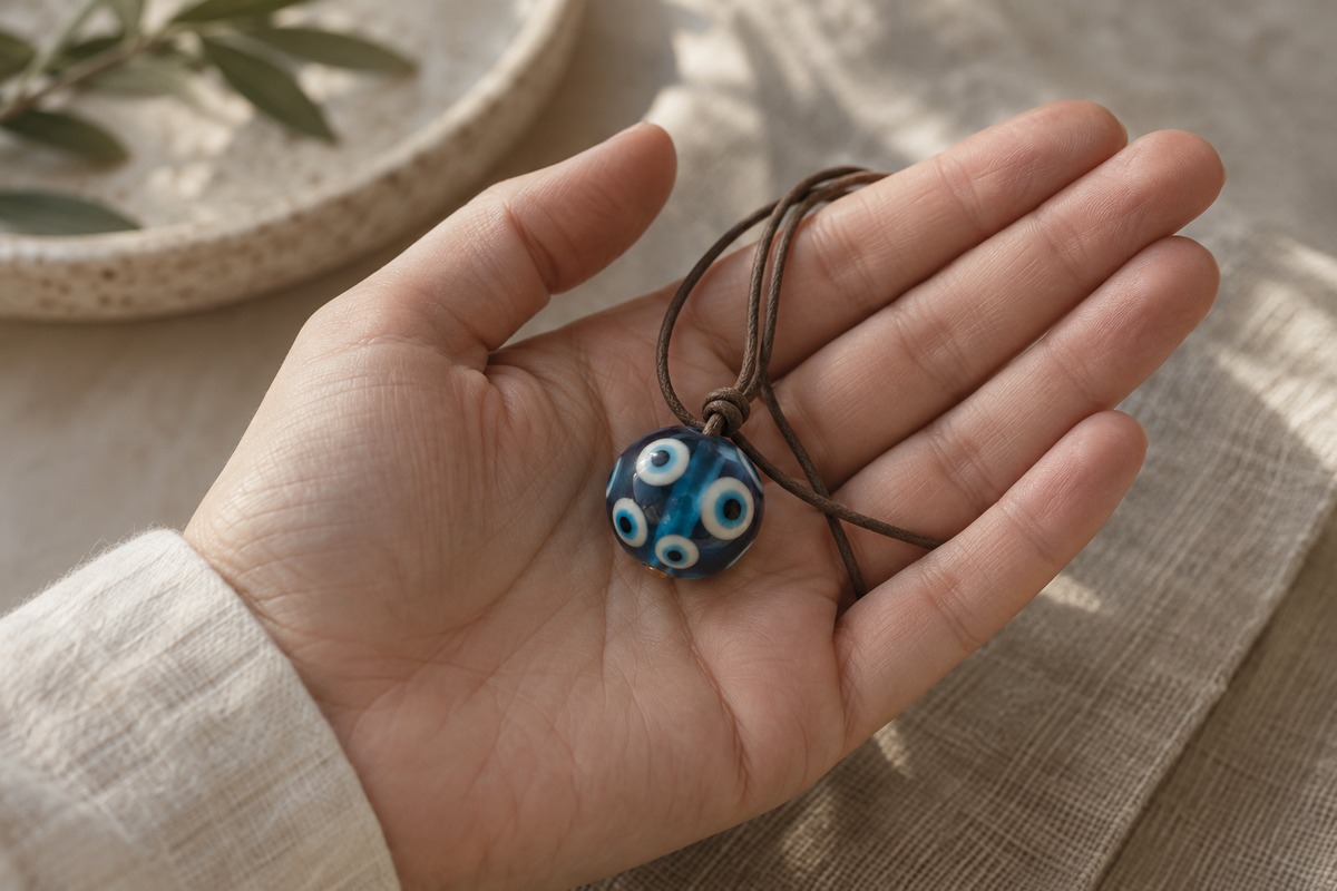An open hand holding a blue glass eye-bead pendant on a brown cord.