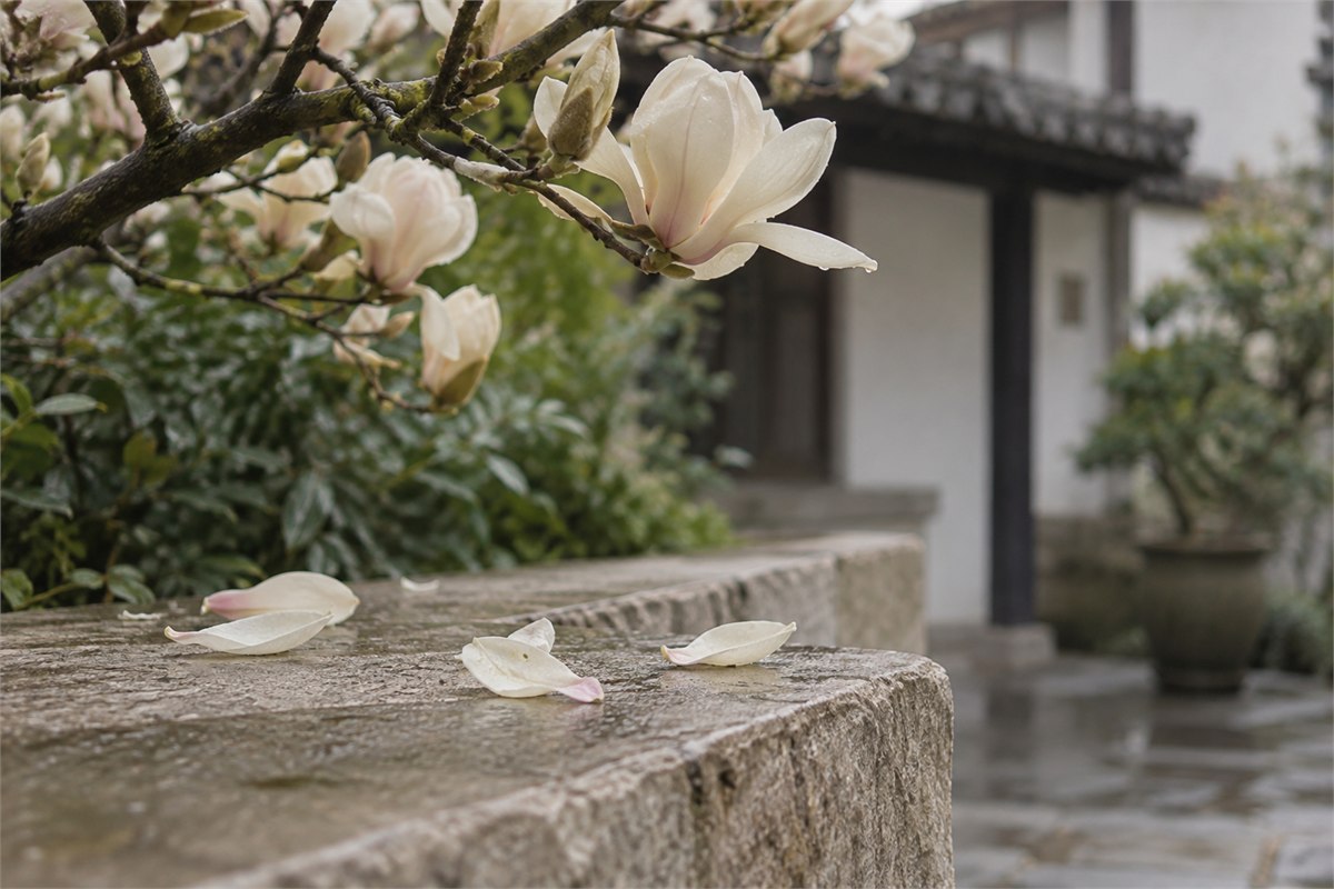 Magnolia petals on a damp stone ledge beneath a flowering branch.