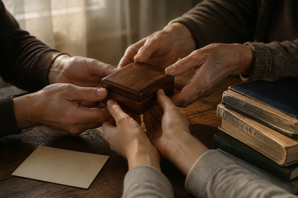Hands of different generations passing a closed wooden seal box beside books