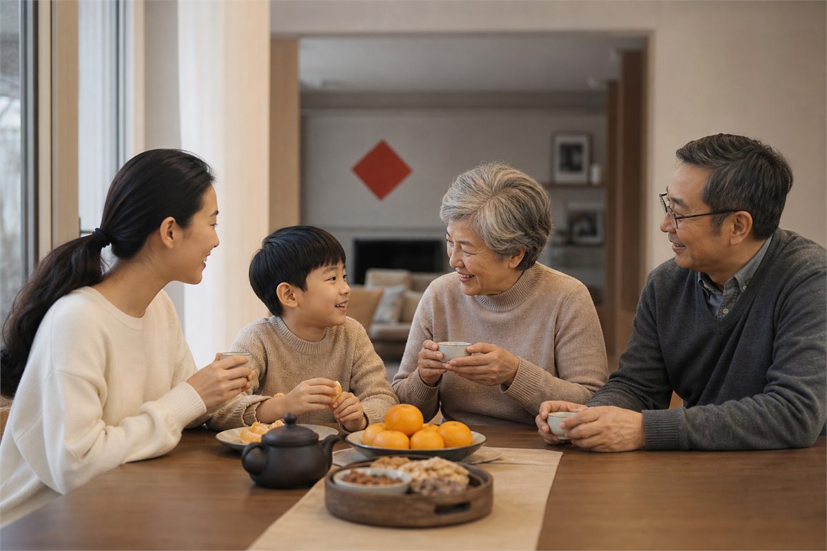 Four family members share tea and fruit together in a warmly lit home.