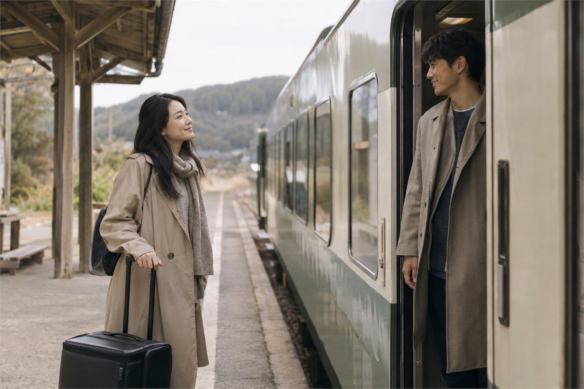 Two adults exchanging a quiet goodbye beside a stationary train.