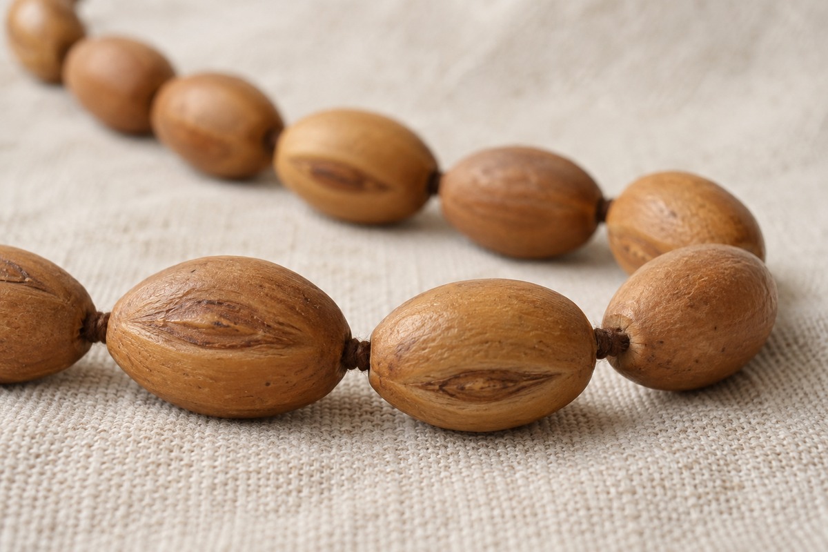 Tawny oval Fengyan-style beads with elongated eye-shaped surface markings.