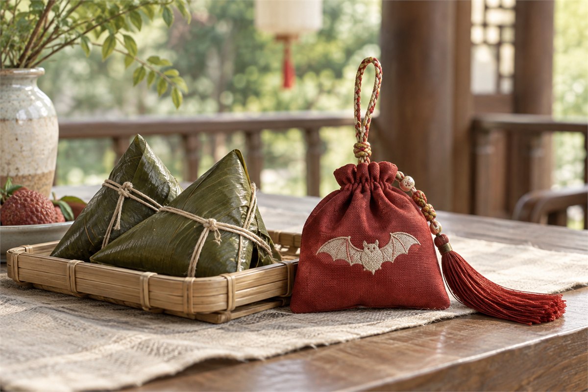 Red bat sachet with a braided cord beside two leaf-wrapped rice parcels.