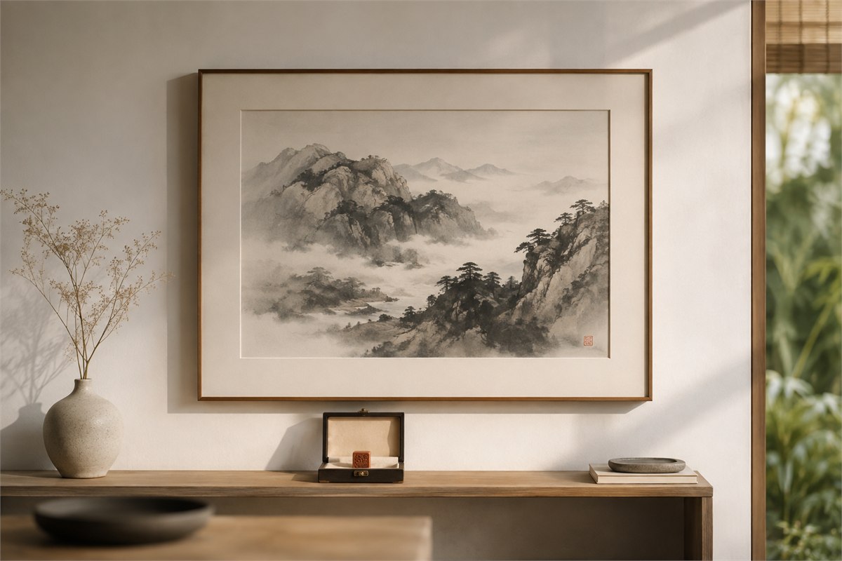 Framed ink landscape with a subtle red corner seal displayed in a quiet warm interior