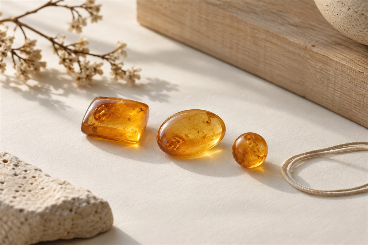 Rounded rectangular and oval cabochons beside a drilled bead.