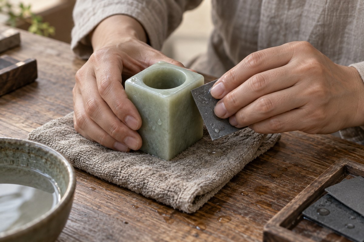Craftsperson using a damp abrasive sheet to finish a modern jade cong