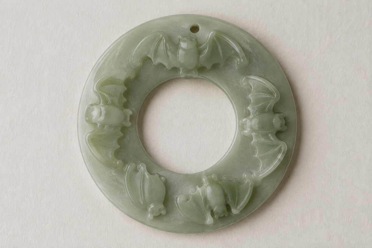 Round pale jade plaque carved with exactly five bats around a plain open center.