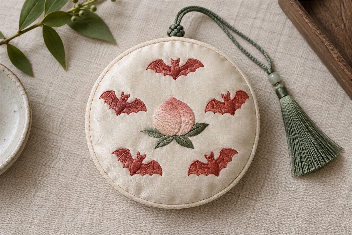 Five red embroidered bats surround a pink peach on a round cream sachet.