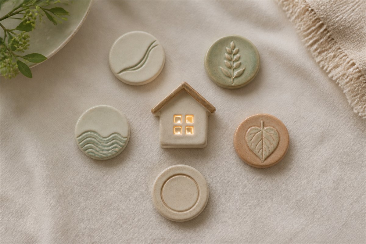 Five pale ceramic tokens surround a small warmly lit model home.