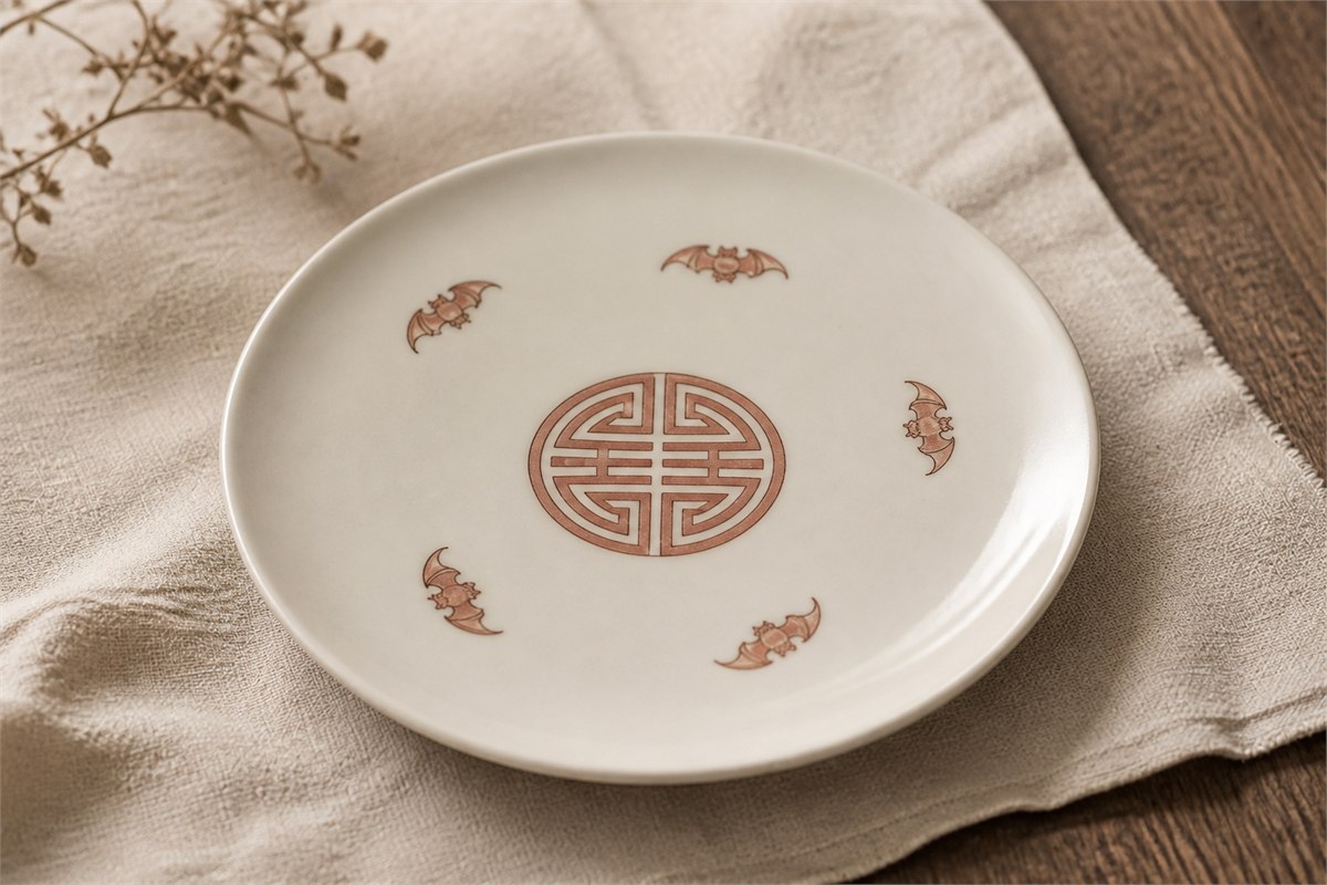 Ivory porcelain plate with a central longevity medallion and five muted red bat motifs