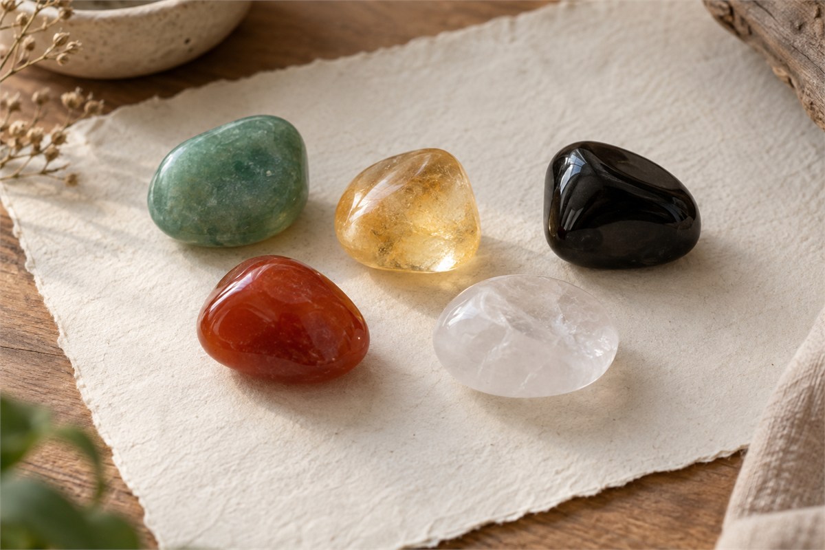 Green, red, yellow, white, and black stones arranged loosely on handmade paper.