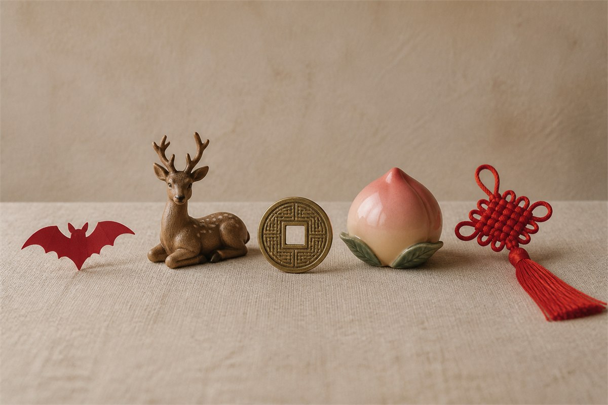 A bat silhouette, deer figure, square-holed coin, peach, and red knot are arranged as five separate objects.