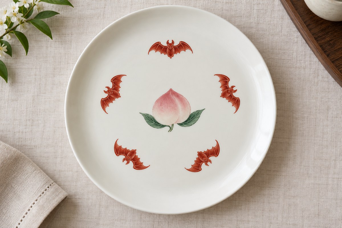 Five red bats arranged around one central peach on a porcelain plate.