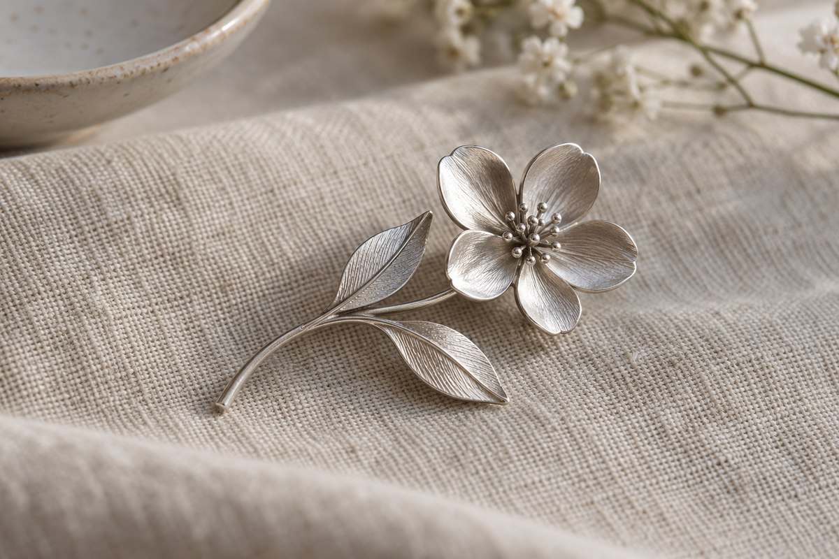 A small silver brooch joins a five-petal flower, two leaves and a curving stem.
