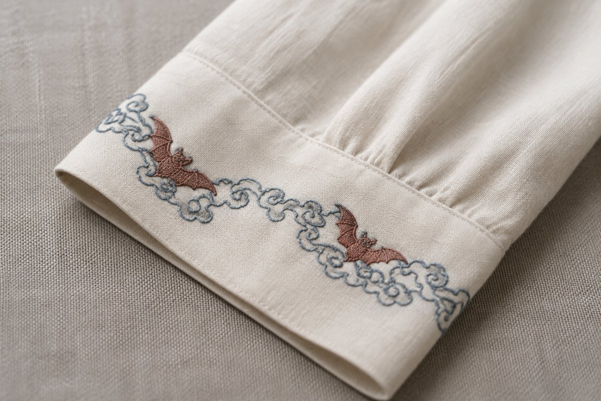 An ivory garment cuff embroidered with two muted red bats along an S-shaped cloud trail.