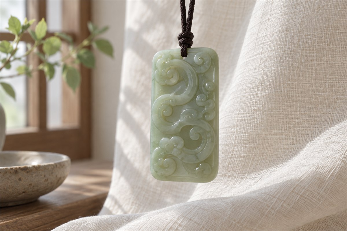 Long rounded cloud scrolls flow across the face of a pale green jade pendant.