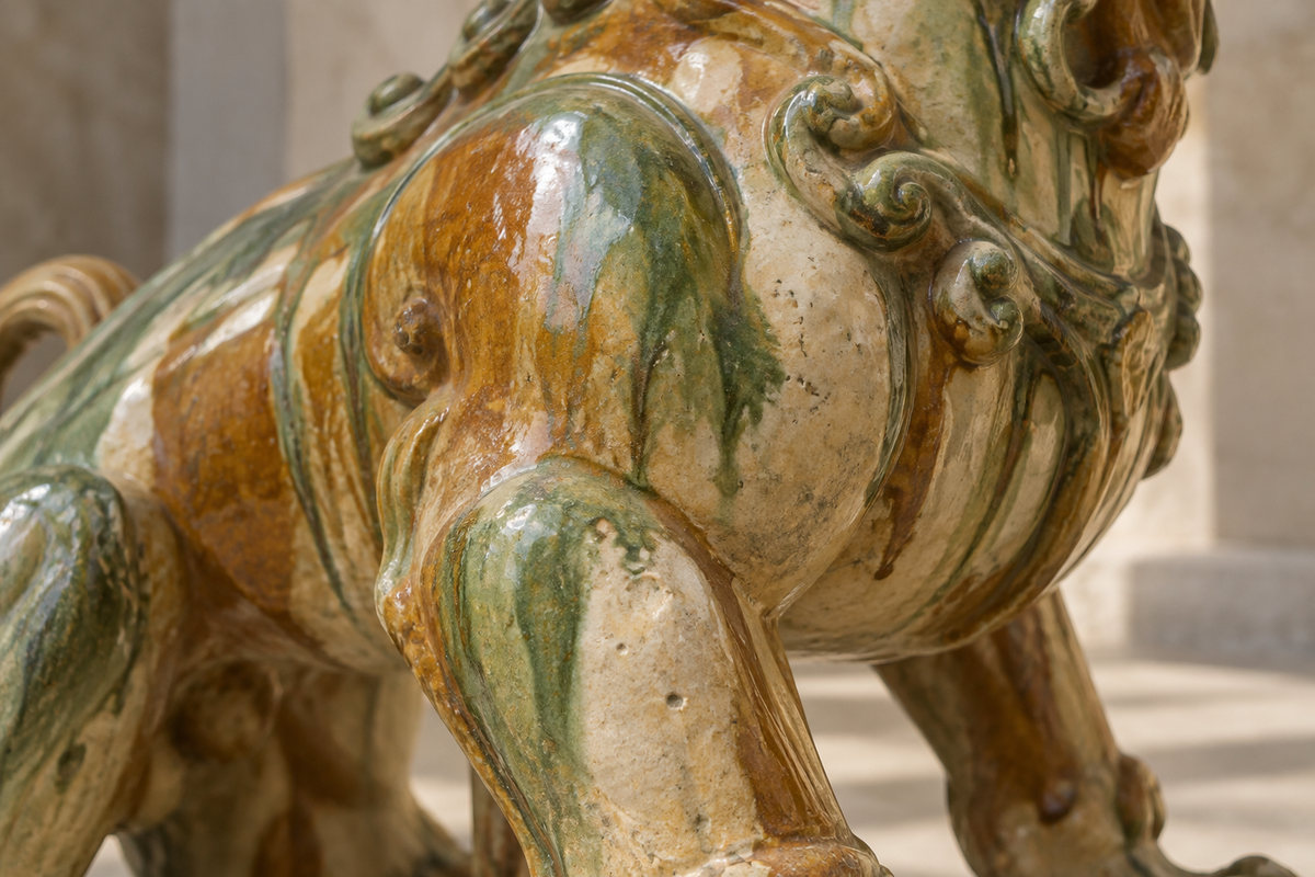 Green, amber, and cream glaze flowing over a modeled ceramic shoulder