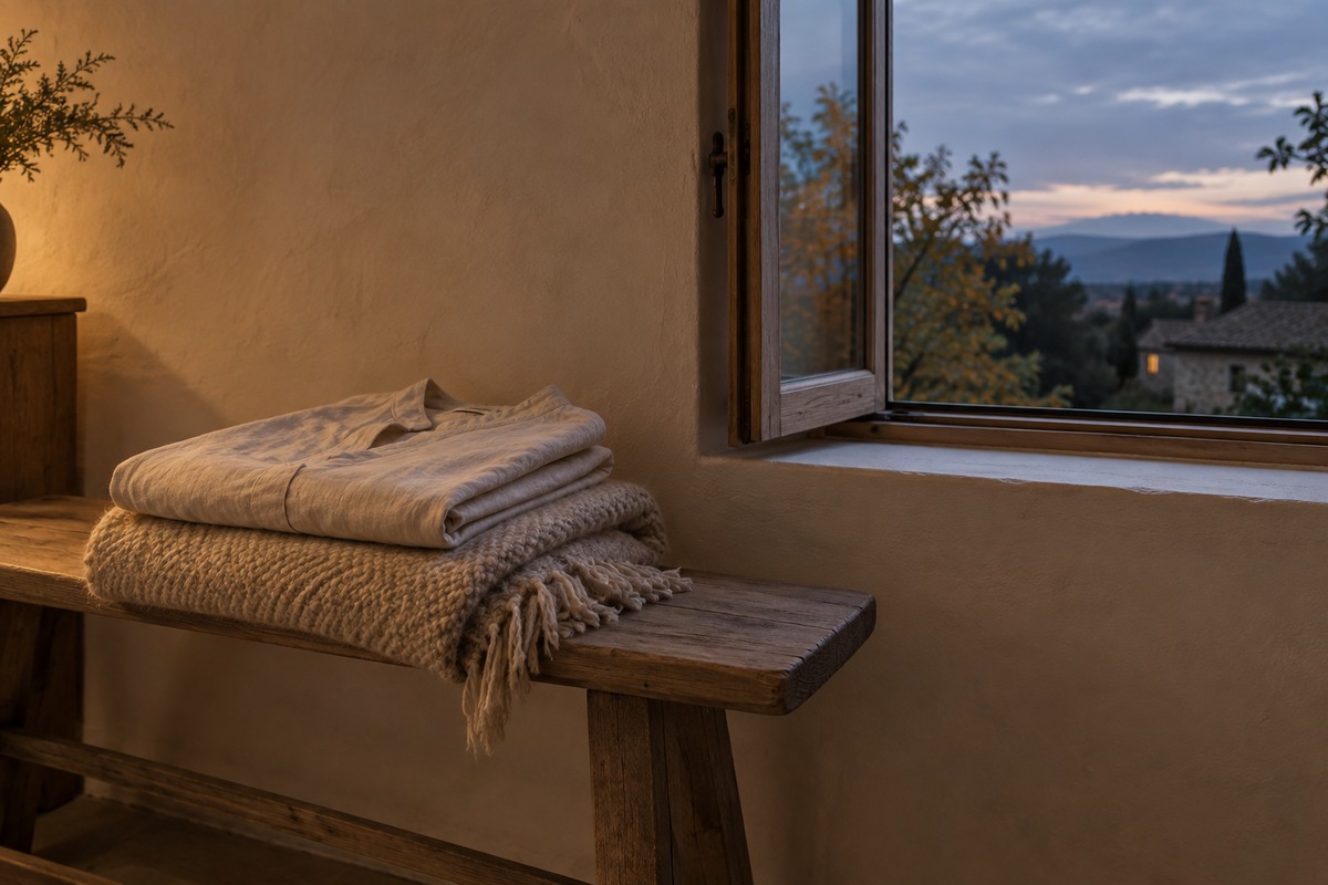 Folded linen and wool garments rest beside a softly lit window.