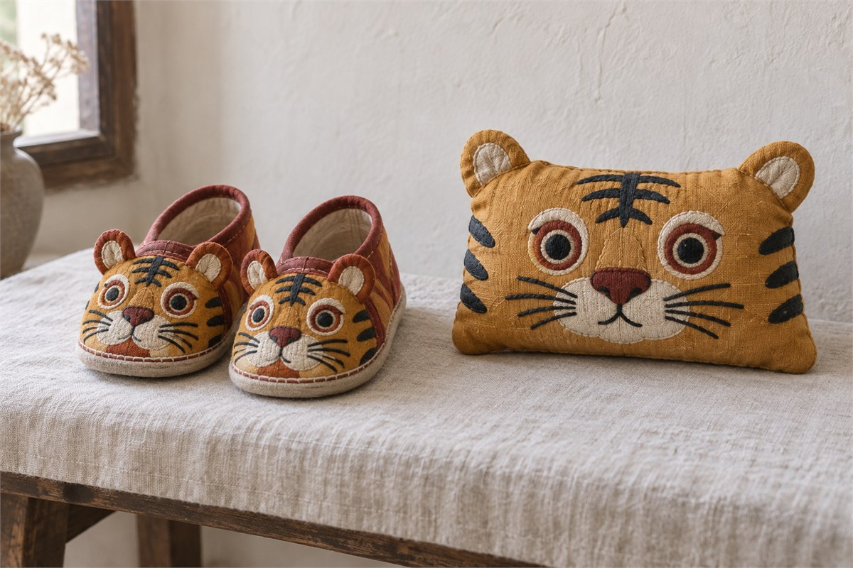 Pair of ochre embroidered tiger-head shoes beside a matching fabric tiger pillow.