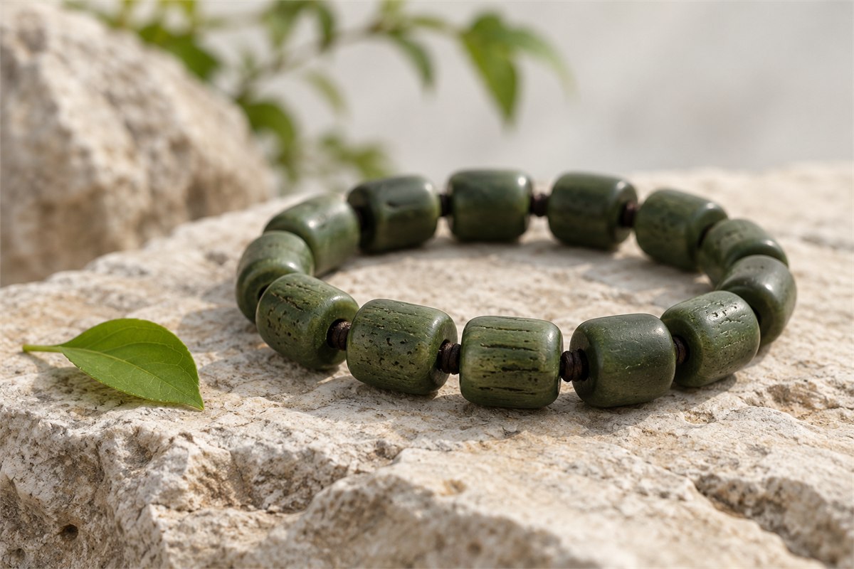Forest-green bone beads on pale stone beside a small fresh leaf.