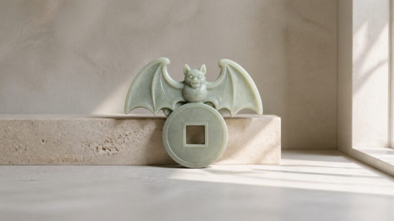 Bat-and-coin ornament resting on a pale stone ledge in soft morning light.