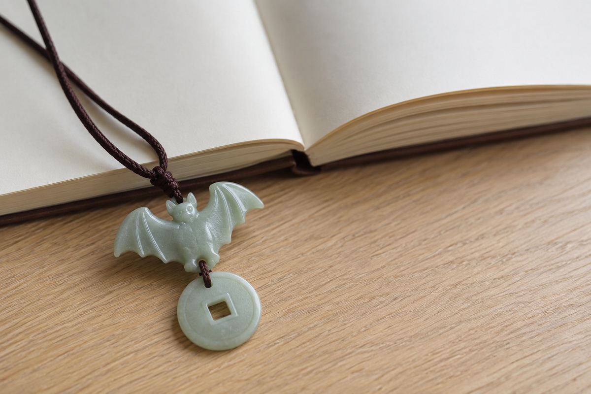 Bat-and-coin pendant beside an open blank notebook on a sunlit desk.