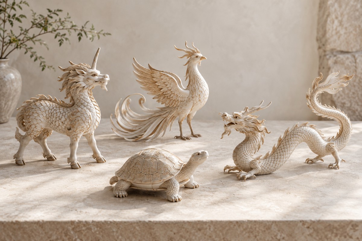 Small clay sculptures of a Qilin, phoenix, tortoise, and dragon form a loose group.