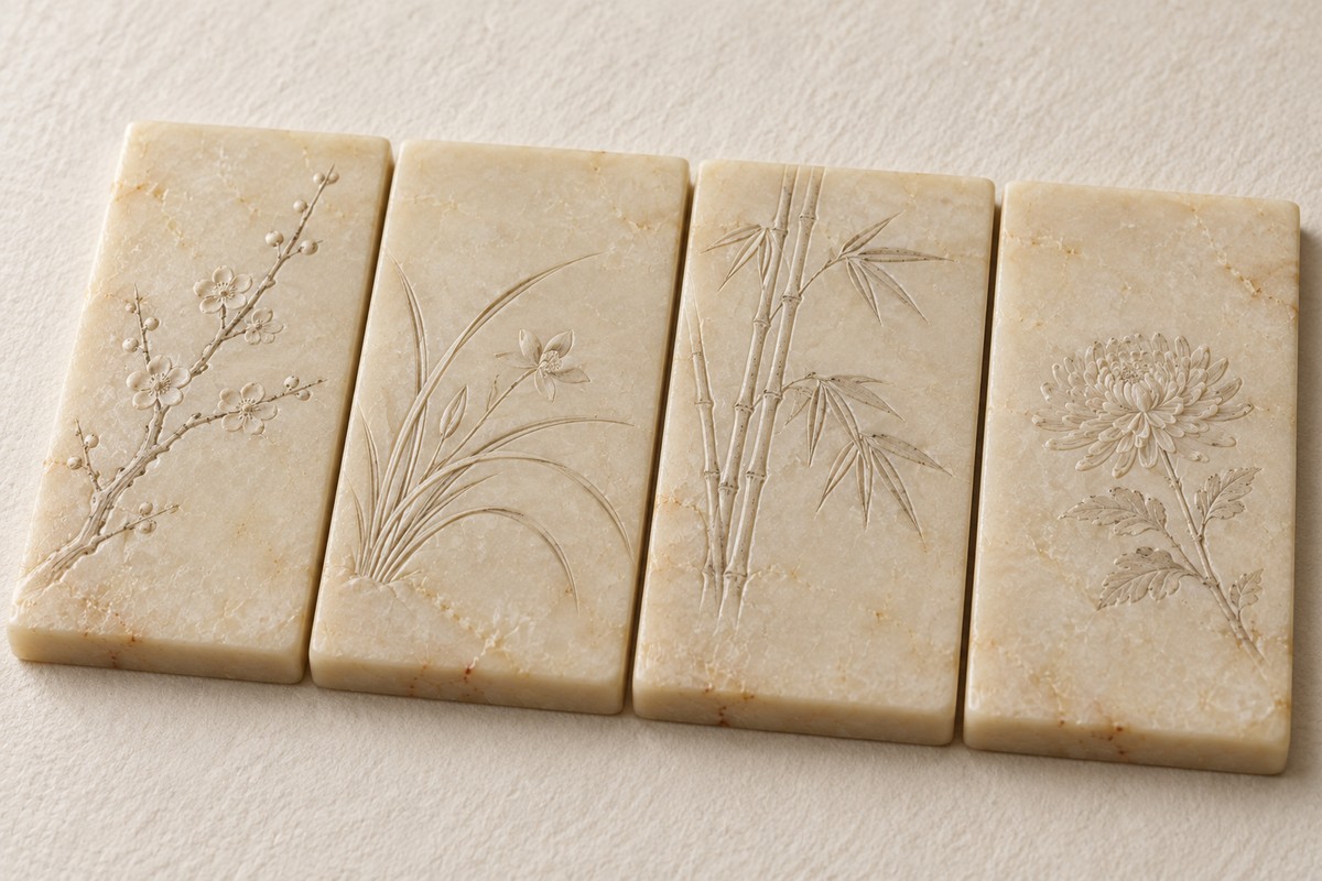 Four small stone panels show plum, orchid, bamboo, and chrysanthemum.