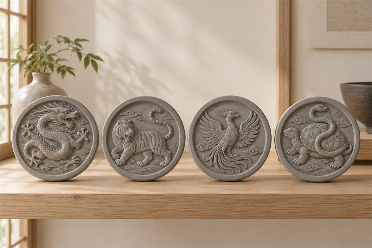 Four round grey ceramic plaques showing a dragon, tiger, bird, and tortoise with a snake.