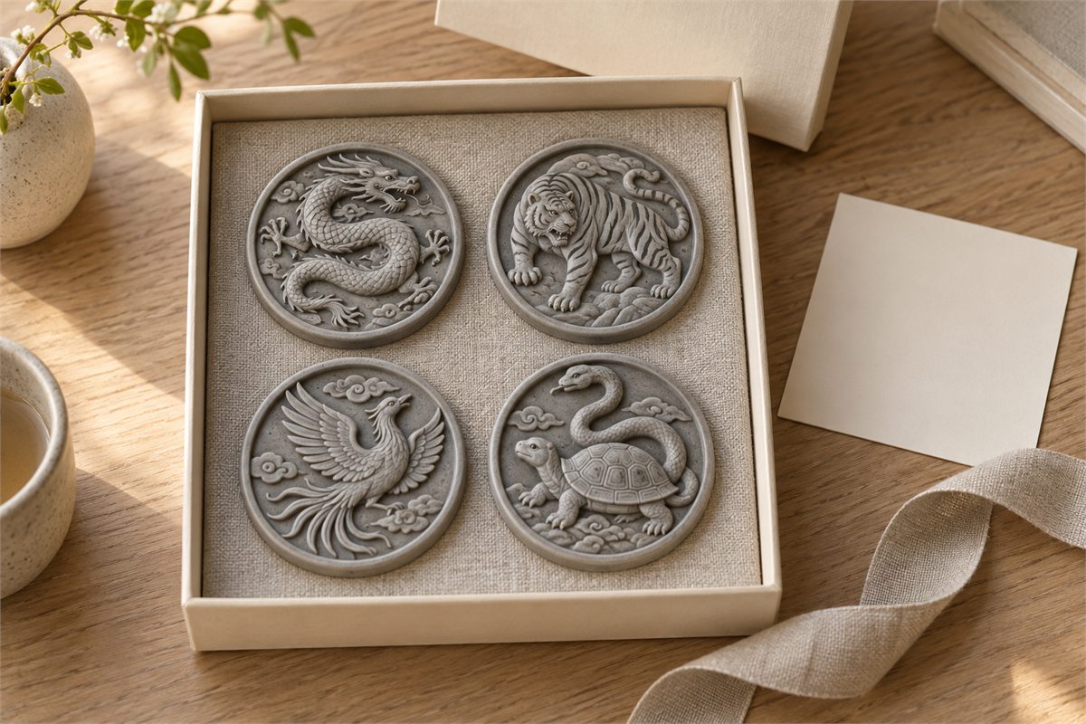Four small grey ceramic guardian plaques sit in a fitted neutral gift box beside an unmarked card.