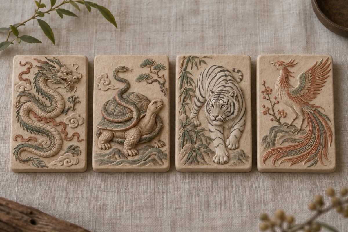 Four separate small reliefs show a dragon, tortoise with snake, tiger, and long-tailed bird.