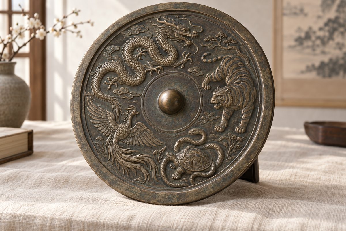 Round bronze mirror-back study with a central knob and dragon, tiger, bird, and tortoise-snake reliefs.