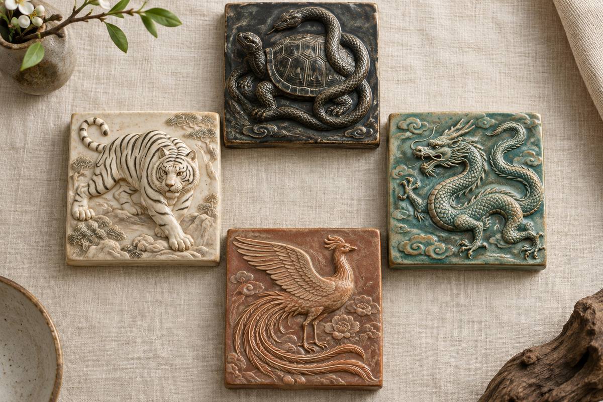 Four ceramic relief tiles showing a tortoise with a snake above, dragon right, bird below, and tiger left.