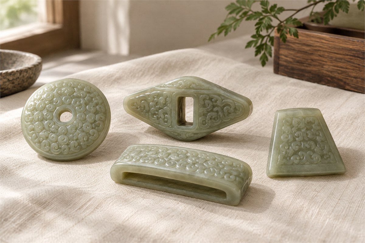 A jade pommel disc, guard, scabbard slide, and trapezoidal chape are arranged on ivory cloth.
