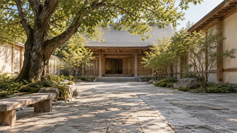 A quiet stone courtyard leading to a timber meditation hall beneath a leafy tree.