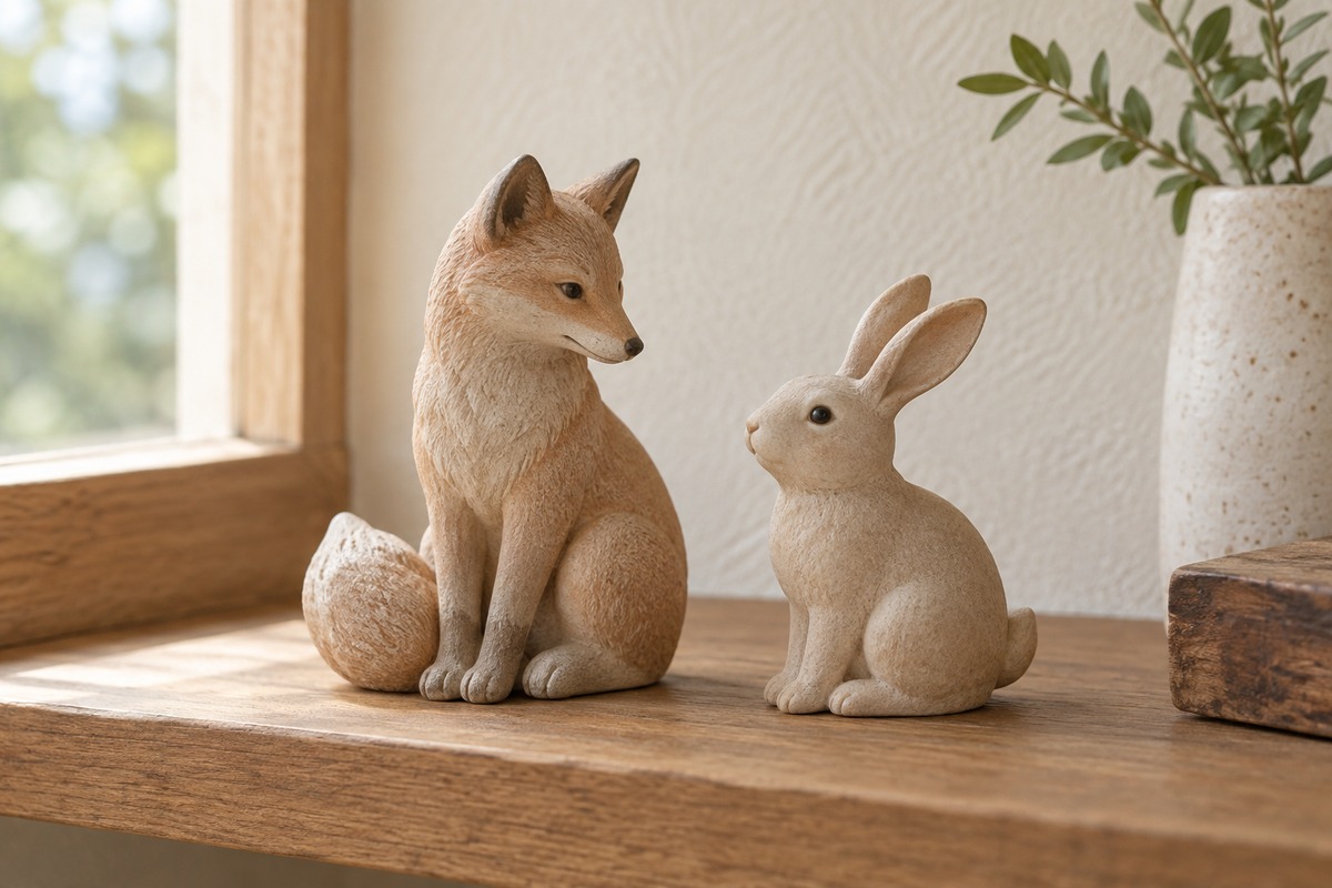 A small fox sculpture and rabbit sculpture rest on a neutral surface.