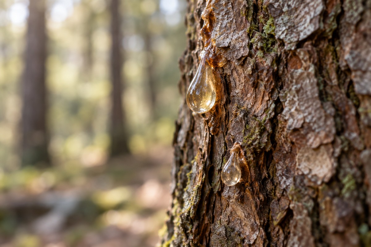 Clear golden resin drops on textured tree bark.
