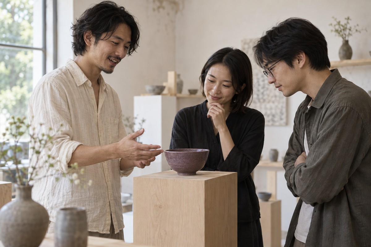Three adults looking at a plum-colored ceramic bowl in a bright pottery studio.