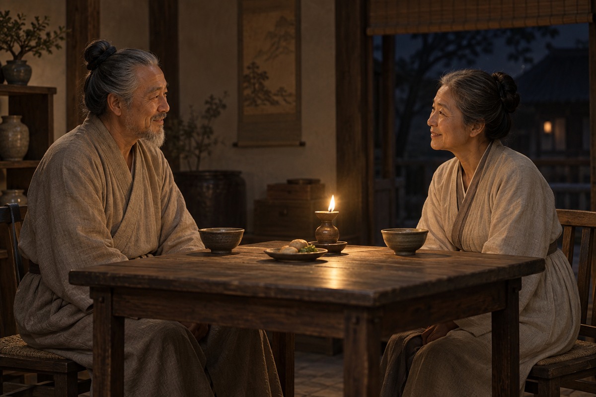 Two older friends sit at a simple table in warm lamplight.