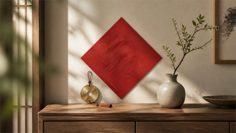 A red diamond-shaped paper decoration, gold pendant, and ceramic vase rest on a warm entry console.