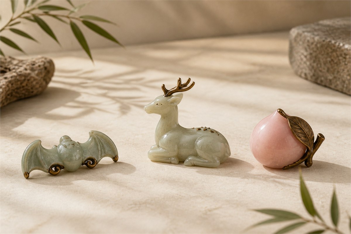 Separate bat, deer, and peach ornaments arranged on an ivory surface