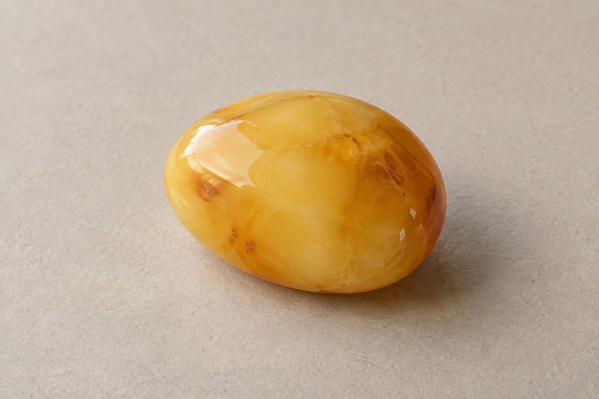 Rounded milky yellow amber pebble with little visible clear area