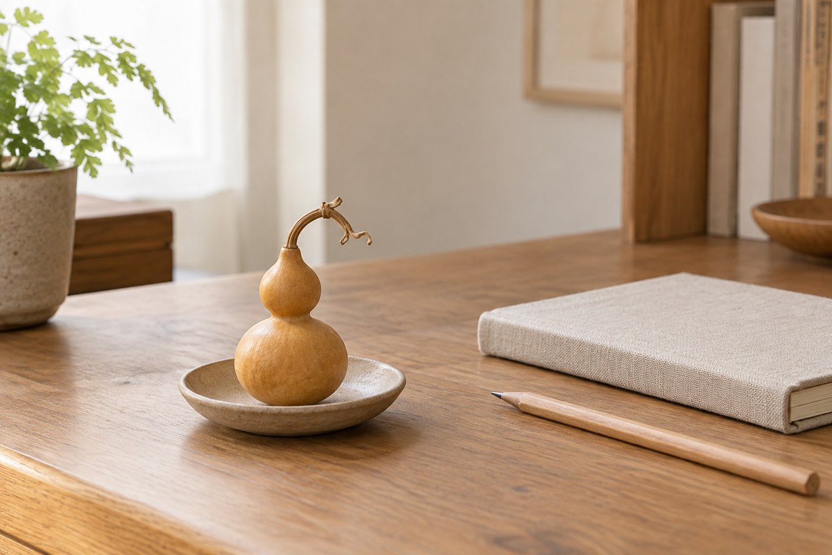 A dried gourd beside a closed linen notebook and wooden pencil.