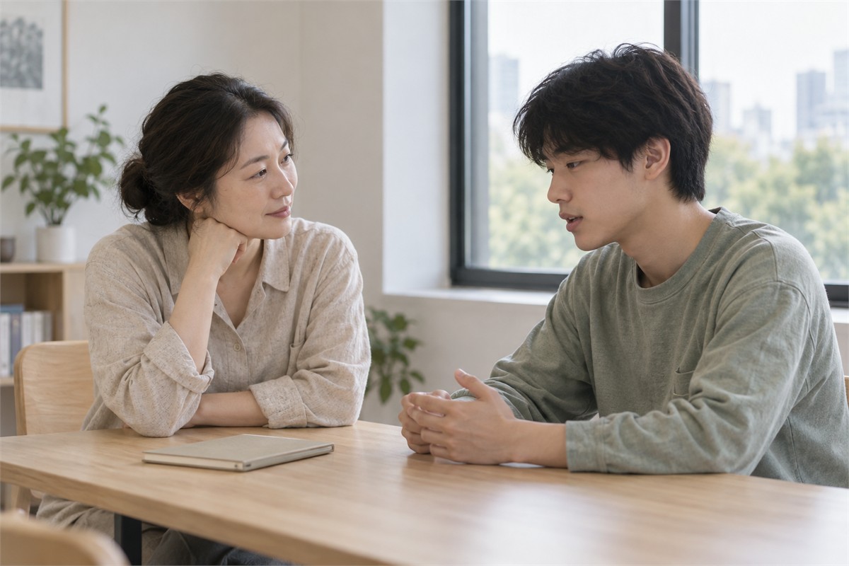 A teacher listens to a young adult seated beside a closed notebook near a window.