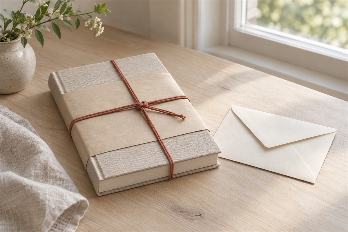 A linen-bound book wrapped in paper and terracotta cord rests beside a closed envelope.