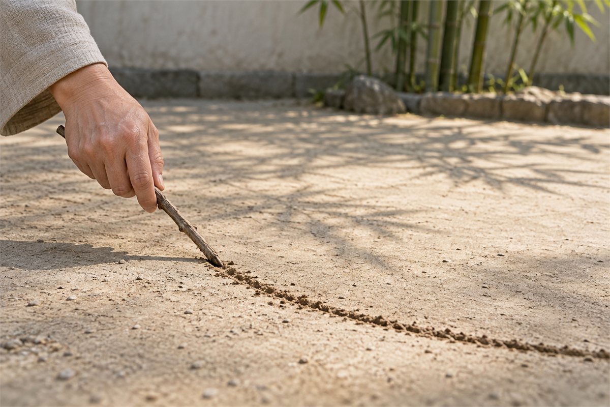 A hand uses a twig to draw a curved line in pale earth.