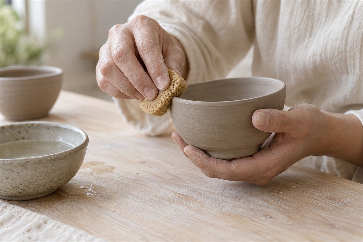 Hands cradle a clay bowl while smoothing its rim with a sponge.