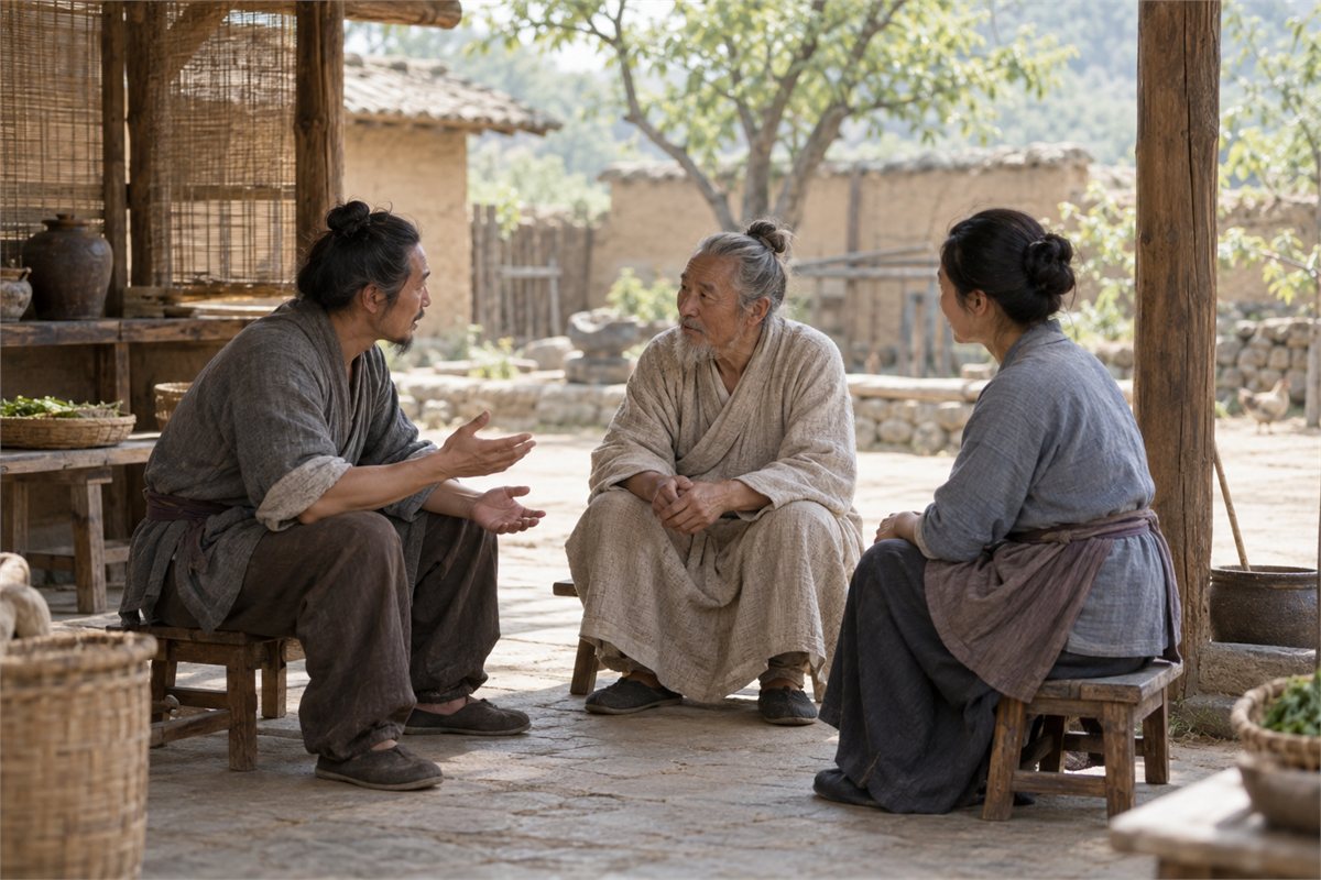 An elder in a plain robe listens to two villagers in a sunlit courtyard.