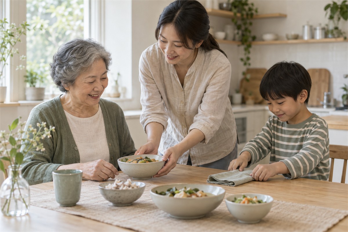 An adult serves a bowl to an older family member while a child arranges a napkin.